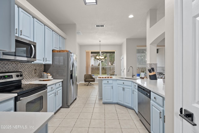 kitchen featuring appliances with stainless steel finishes, decorative light fixtures, blue cabinets, sink, and kitchen peninsula