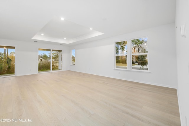 spare room with a healthy amount of sunlight, a tray ceiling, and light hardwood / wood-style floors