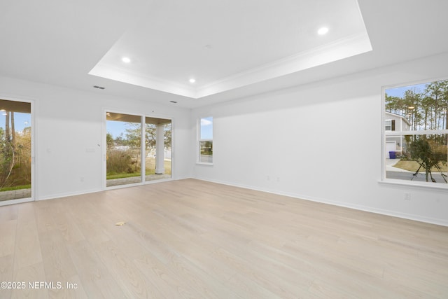 spare room with a raised ceiling, crown molding, and light hardwood / wood-style flooring