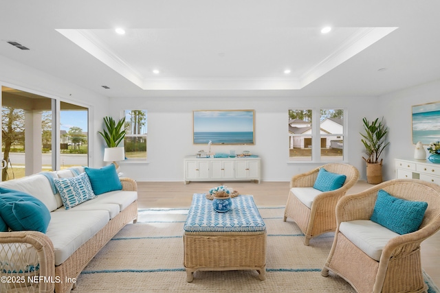 living room featuring a healthy amount of sunlight, light wood-type flooring, and a tray ceiling