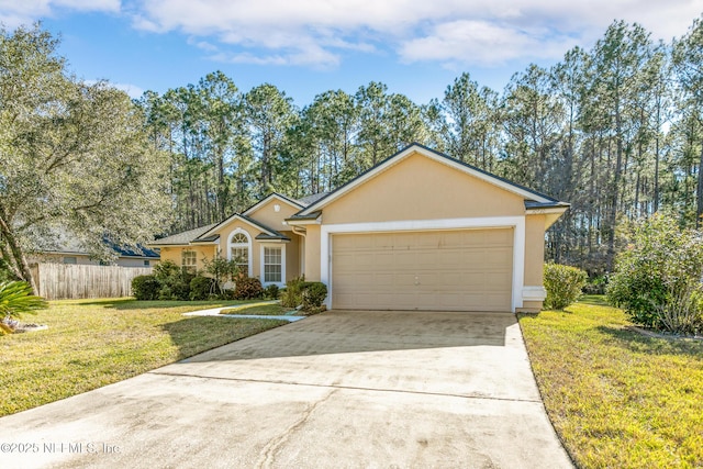 ranch-style house featuring a garage and a front lawn