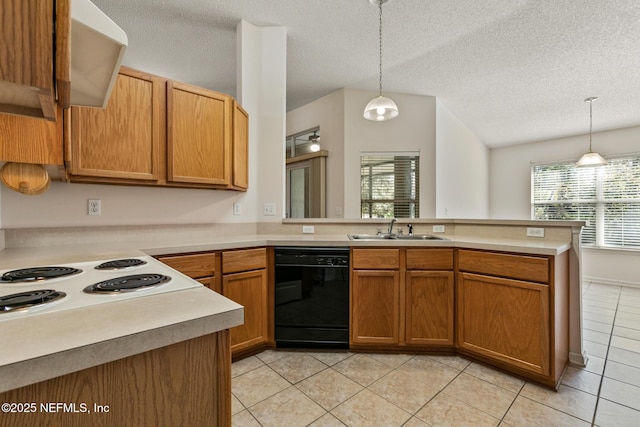 kitchen with sink, hanging light fixtures, a textured ceiling, black dishwasher, and kitchen peninsula