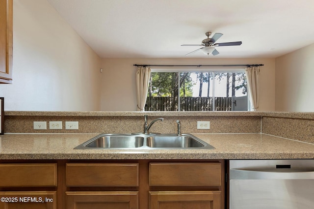 kitchen with ceiling fan, dishwasher, and sink