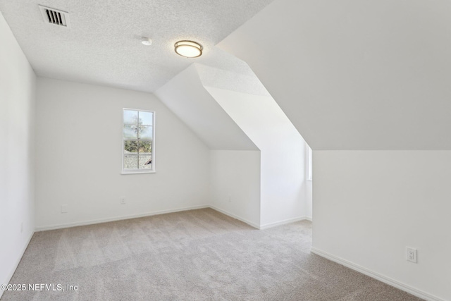 additional living space featuring light carpet, a textured ceiling, and vaulted ceiling