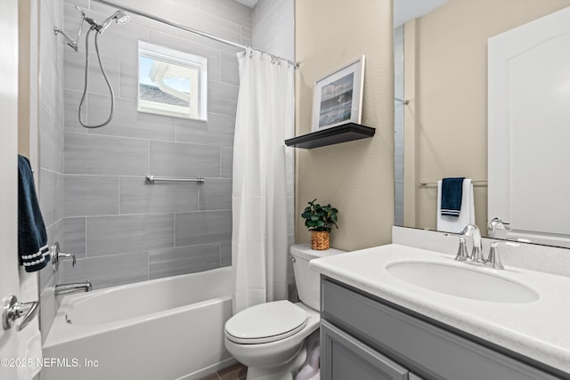 full bathroom with toilet, shower / tub combo with curtain, and vanity