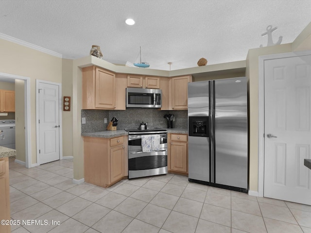 kitchen with light tile patterned flooring, appliances with stainless steel finishes, light brown cabinetry, and tasteful backsplash