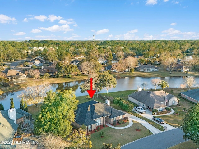 drone / aerial view with a water view