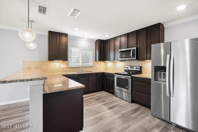 kitchen with appliances with stainless steel finishes, backsplash, kitchen peninsula, and decorative light fixtures