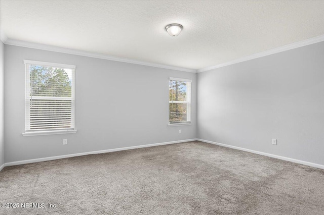 unfurnished room featuring a wealth of natural light, crown molding, and carpet