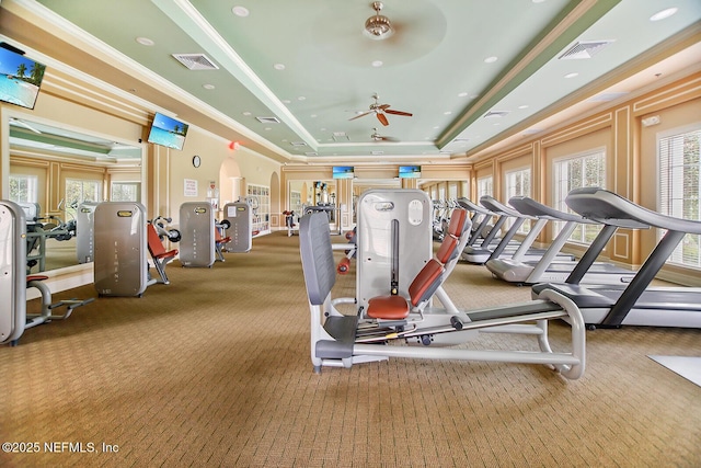 gym with plenty of natural light, ornamental molding, a raised ceiling, and carpet flooring