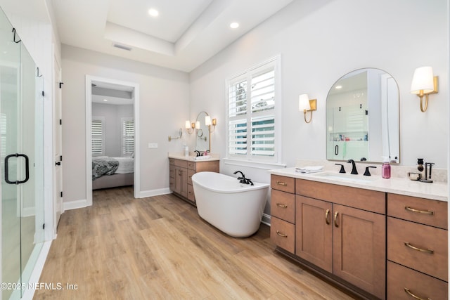 bathroom featuring vanity, a tray ceiling, wood-type flooring, and shower with separate bathtub