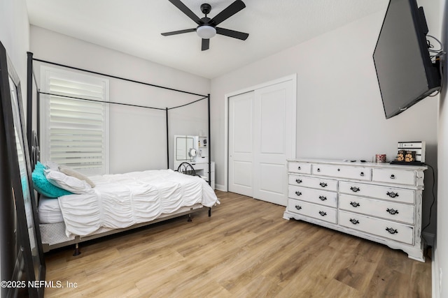 bedroom featuring multiple windows, light hardwood / wood-style flooring, a closet, and ceiling fan