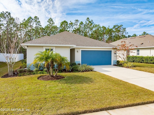 ranch-style home with a garage and a front lawn