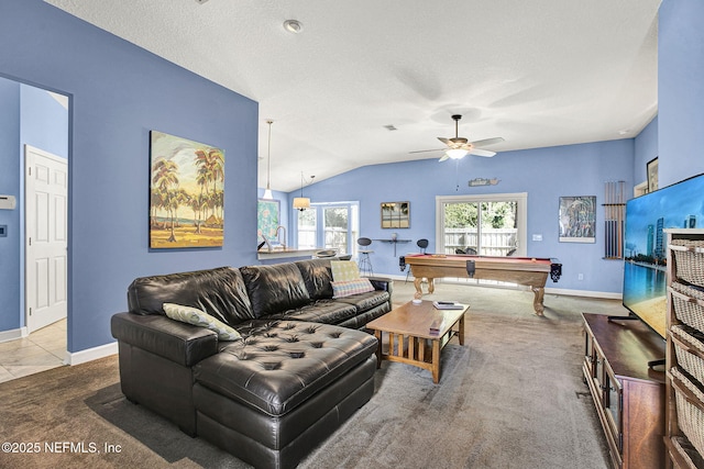 living room with vaulted ceiling, pool table, carpet, and baseboards