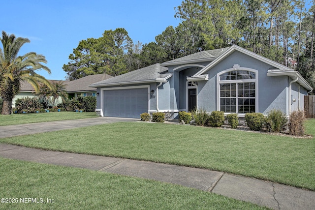 ranch-style house featuring a garage, driveway, a front lawn, and stucco siding