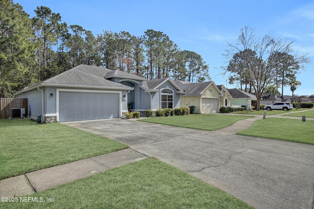 single story home featuring a garage, cooling unit, a front lawn, and stucco siding