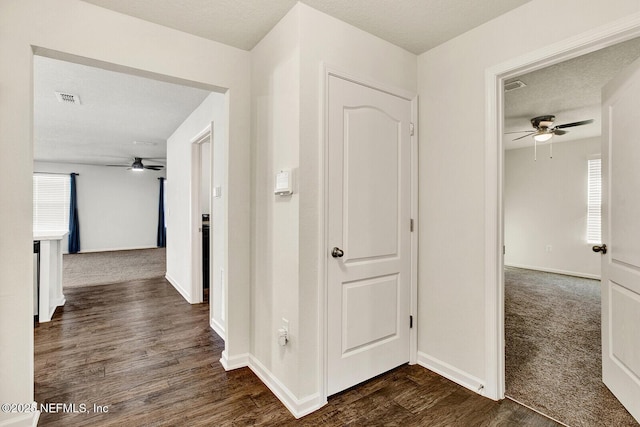 corridor with dark hardwood / wood-style floors and a textured ceiling