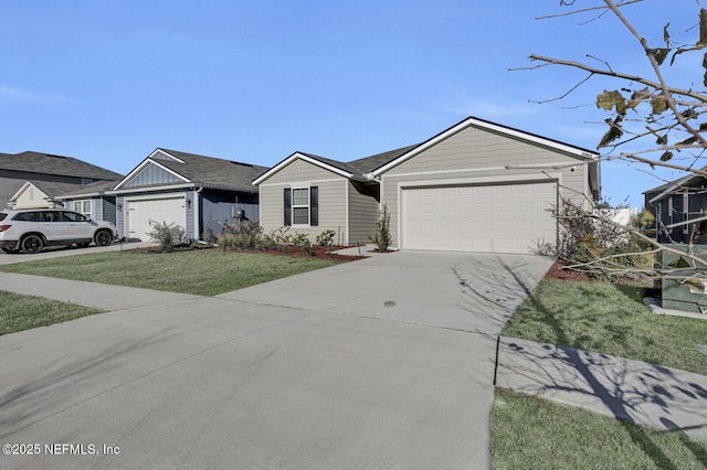 single story home featuring a front yard and a garage