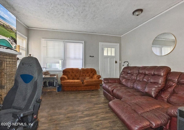 living room with dark wood-type flooring, ornamental molding, and a textured ceiling