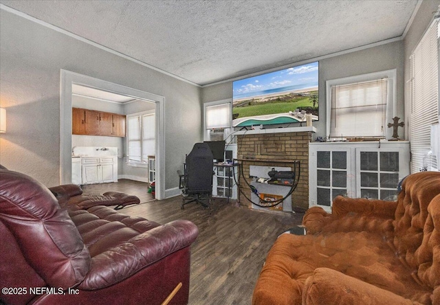 living room featuring dark hardwood / wood-style flooring, a textured ceiling, crown molding, and a healthy amount of sunlight