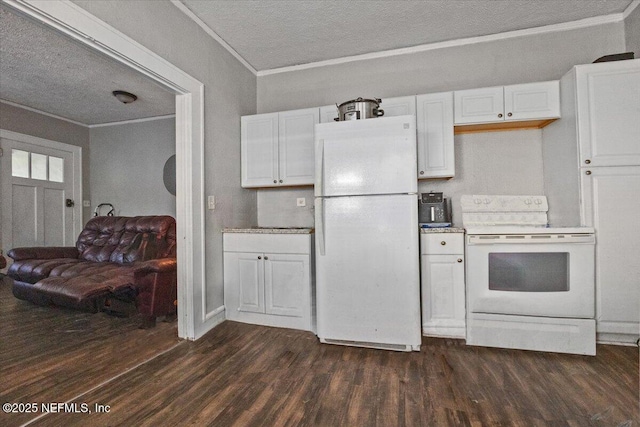 kitchen with dark hardwood / wood-style floors, white cabinetry, ornamental molding, and white appliances