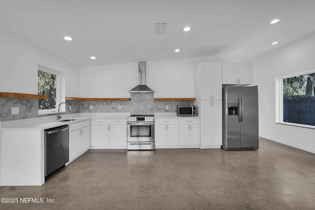 kitchen with stainless steel appliances, white cabinetry, wall chimney exhaust hood, and backsplash