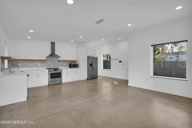 kitchen with wall chimney exhaust hood, sink, white cabinetry, decorative backsplash, and stainless steel appliances