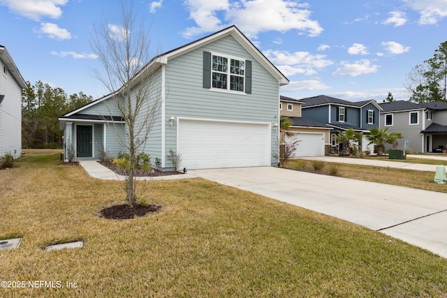 view of property featuring a front lawn and a garage