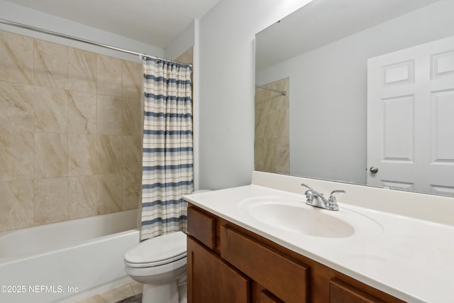 full bathroom featuring toilet, vanity, and shower / tub combo with curtain