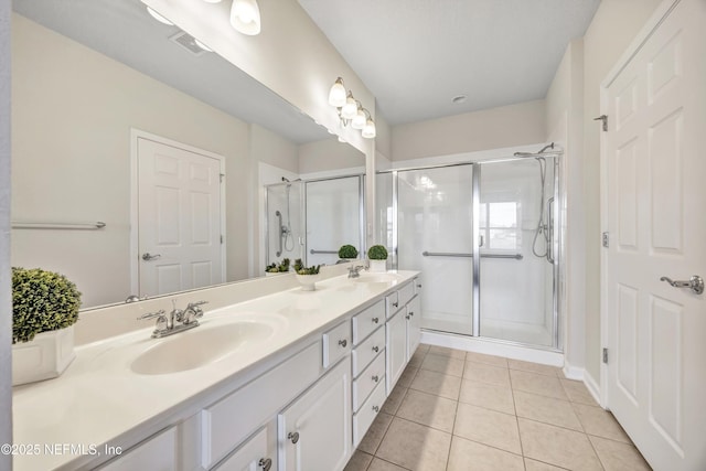 bathroom with vanity, tile patterned floors, and walk in shower