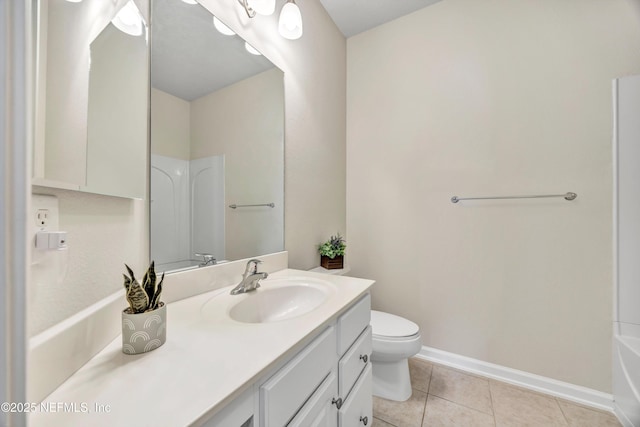 full bathroom with shower / bathtub combination, vanity, toilet, and tile patterned flooring