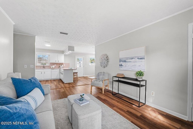 living room featuring sink, hardwood / wood-style floors, a textured ceiling, and crown molding