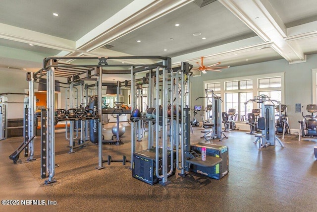 gym with coffered ceiling