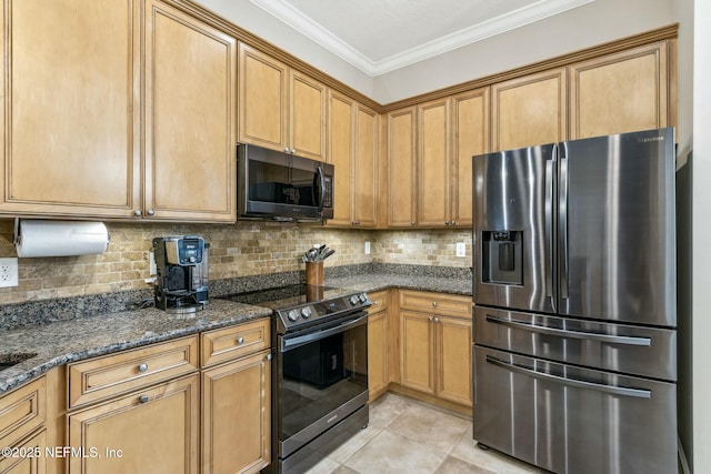 kitchen featuring electric stove, stainless steel fridge with ice dispenser, dark stone counters, and light tile patterned flooring