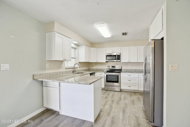 kitchen with sink, kitchen peninsula, white cabinets, and stainless steel appliances