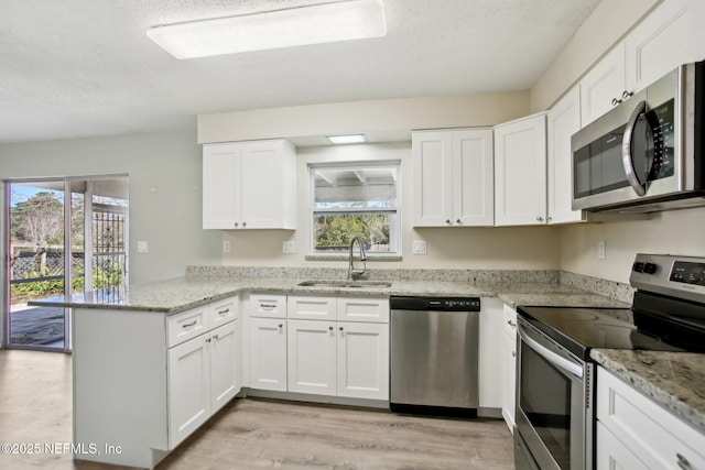 kitchen featuring white cabinetry, stainless steel appliances, sink, kitchen peninsula, and light stone counters