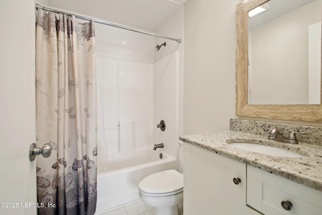 full bathroom featuring shower / bath combo, toilet, and vanity