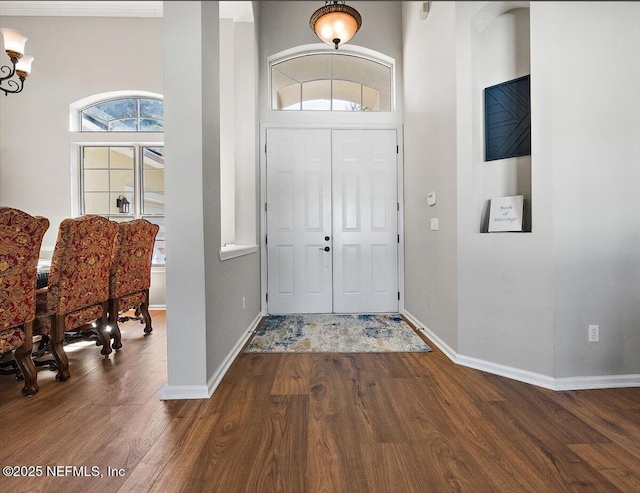 entryway with dark hardwood / wood-style floors and a high ceiling