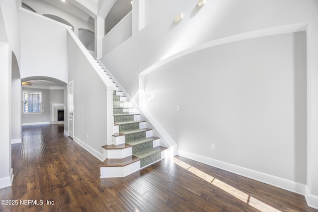 stairs with hardwood / wood-style flooring and a high ceiling