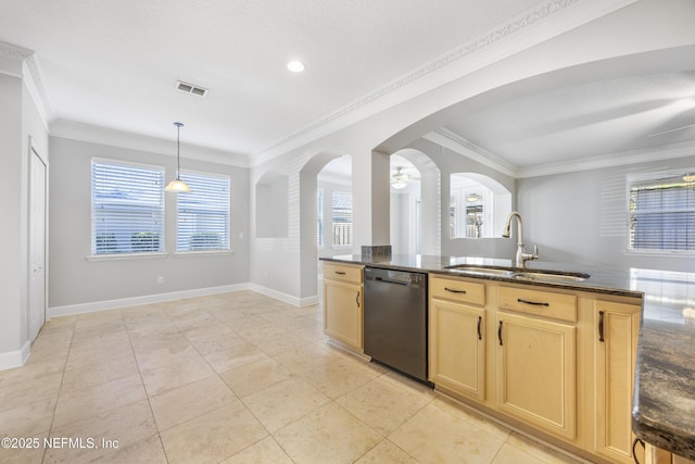 kitchen featuring sink, decorative light fixtures, light brown cabinets, ornamental molding, and dishwasher