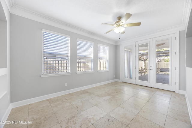 unfurnished room with light tile patterned floors, ornamental molding, french doors, and ceiling fan