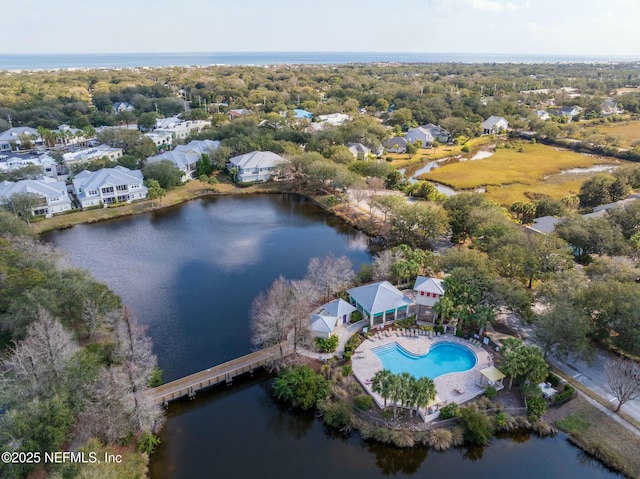 drone / aerial view with a water view