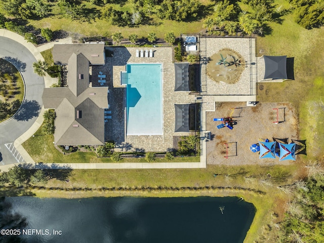 drone / aerial view featuring a water view