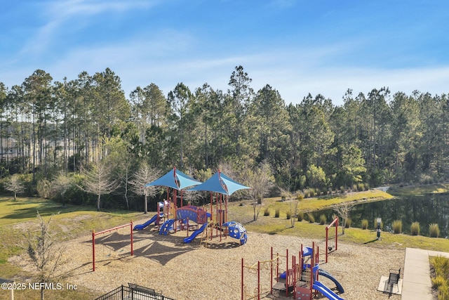 view of playground featuring a water view