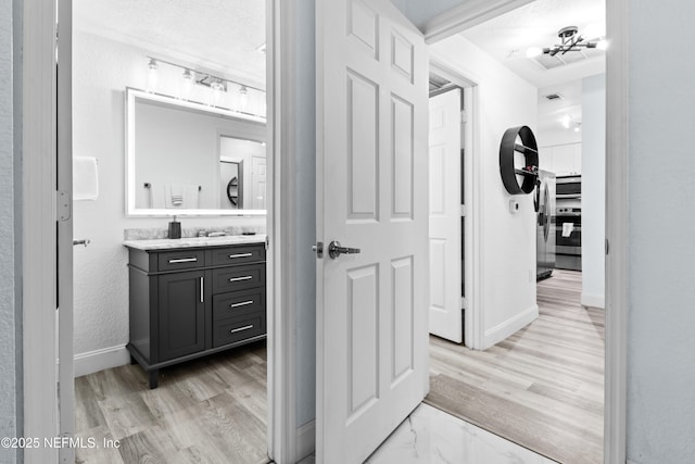 bathroom with hardwood / wood-style flooring and vanity