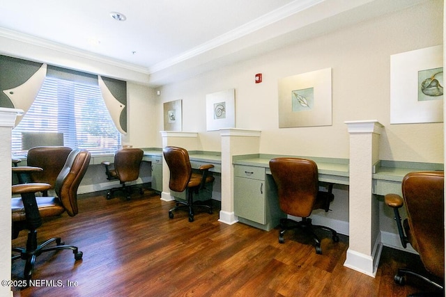 office area featuring dark hardwood / wood-style flooring and crown molding