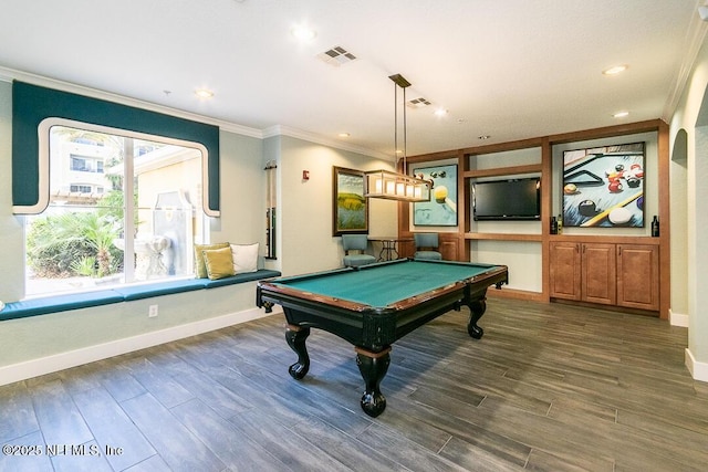 recreation room featuring ornamental molding and pool table