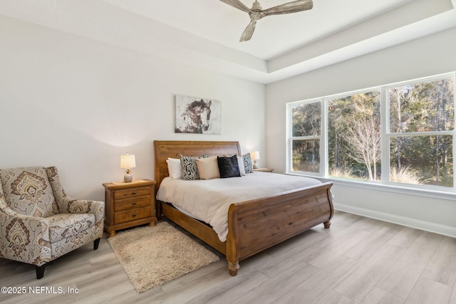 bedroom featuring multiple windows, light hardwood / wood-style flooring, a tray ceiling, and ceiling fan