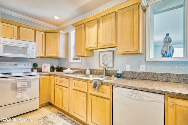 kitchen featuring light brown cabinets, ornamental molding, light tile patterned floors, and white appliances