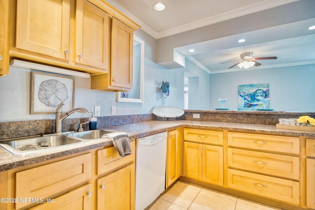 kitchen with sink, light tile patterned floors, ornamental molding, white dishwasher, and ceiling fan